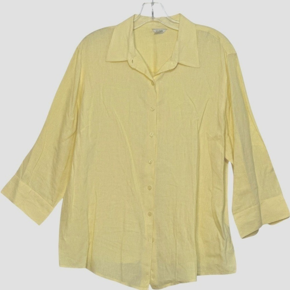 LL Bean Womens 100% Linen Yellow Shirt Resort Vacation Casual Coastal Grandma 1X